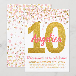 Roze Goud Glitter Confetti Meisje Tiende Verjaarda Kaart