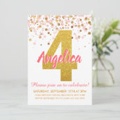 Roze Goud Glitter Confetti Meisje Vierde Verjaarda Kaart (Staand voorkant)