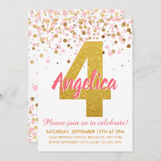 Roze Goud Glitter Confetti Meisje Vierde Verjaarda Kaart (Voorkant / Achterkant)