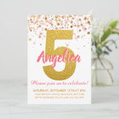 Roze Goud Glitter Confetti Meisje Vijfde Verjaarda Kaart (Staand voorkant)