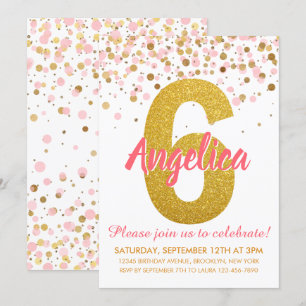 Roze Goud Glitter Confetti Meisje Zesde Verjaardag Kaart