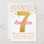 Roze Goud Glitter Confetti Meisje Zevende Verjaard Kaart (Voorkant)