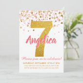 Roze Goud Glitter Confetti Meisje Zevende Verjaard Kaart (Staand voorkant)