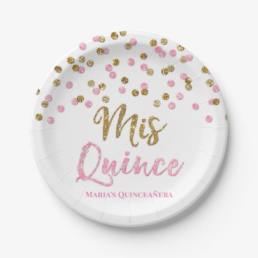 Roze goud Glitter Confetti Mis 15 Quinceanera Papieren Bordje (Voorkant)