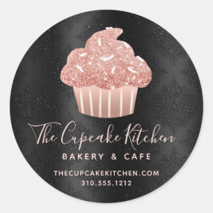 Roze Goud Glitter Cupcake Bakkerij Chef Zwart Dama Ronde Sticker