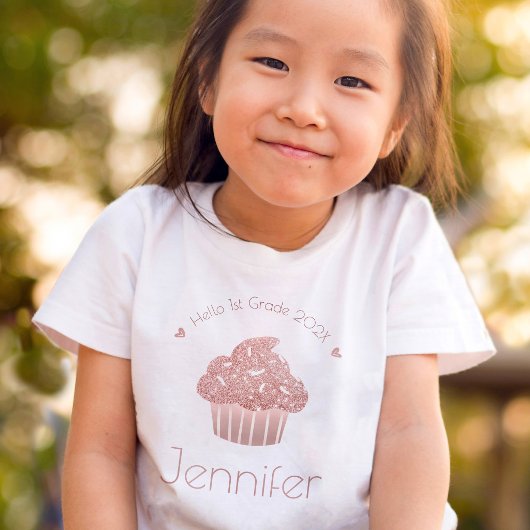 Roze Goud Glitter Cupcake Hallo Aangepaste Klas Na T-shirt
