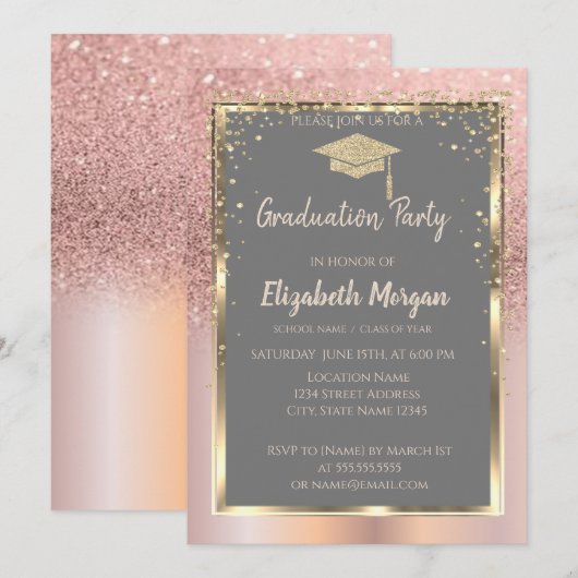 Roze Goud Glitter Diamanten Afstuderen Kaart (Voorkant / Achterkant)