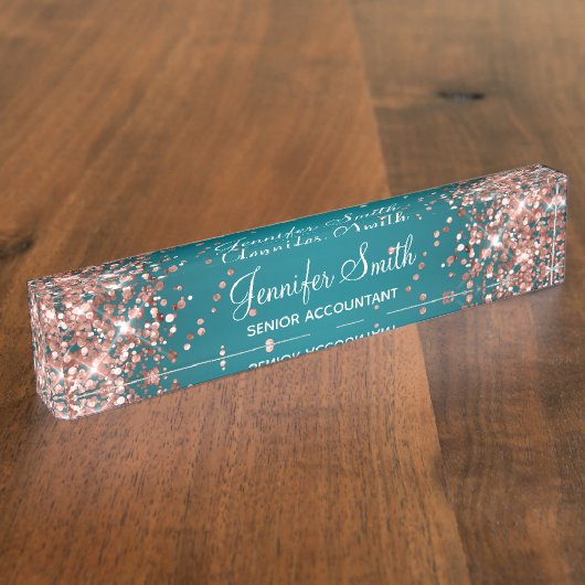 Roze Goud Glitter Donker Turkoois Verlopen Naambordje (Zijkant)