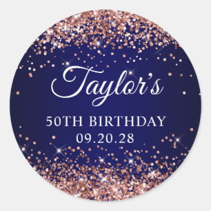Roze Goud Glitter Donkerblauwe 50e Verjaardag Ronde Sticker