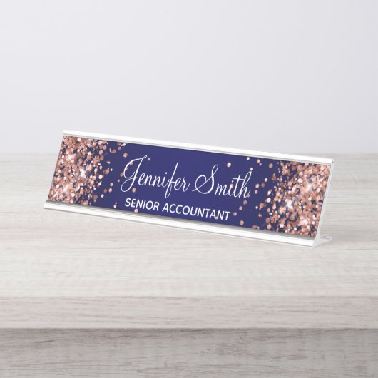 Roze Goud Glitter Donkerblauwe Gradiënt Bureau Naambordje (Voorkant)