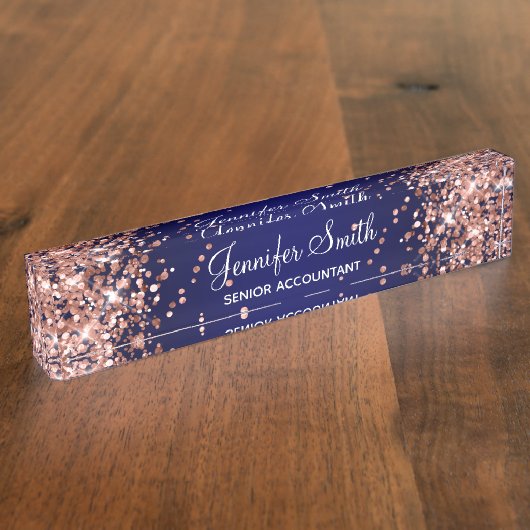 Roze Goud Glitter Donkerblauwe Gradiënt Naambordje (Zijkant)