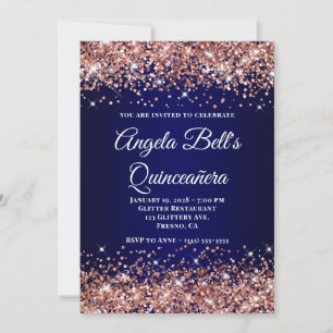 Roze Goud Glitter Donkerblauwe Ombre Quinceanera Kaart