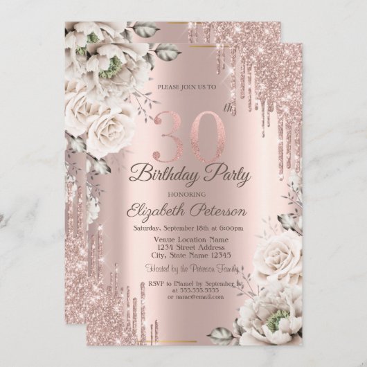 Roze Goud, Glitter Druppels, Witte Bloemen 30th Kaart (Voorkant / Achterkant)