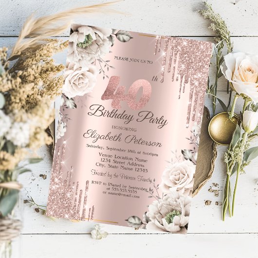 Roze Goud, Glitter Druppels, Witte Bloemen 40e Kaart
