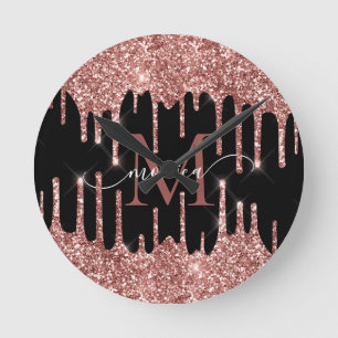 Roze Goud Glitter Druppels Zwart Monogram Personal Ronde Klok