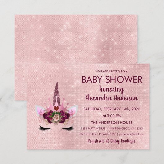 Roze Goud Glitter Eenhoorn Baby Shower Kaart (Voorkant / Achterkant)