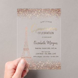 Roze Goud Glitter Eiffeltoren Confetti Quinceañera Acryl Uitnodigingen