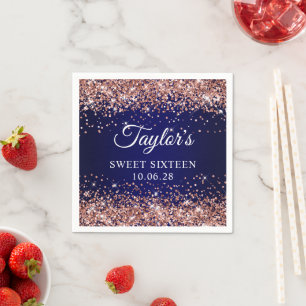 Roze Goud Glitter en Donkerblauwe Sweet Sixteen Servet