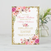 Roze goud Glitter Floral Sweet 16 Birthday Invite Kaart (Staand voorkant)