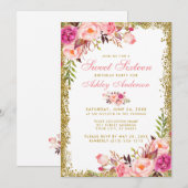 Roze goud Glitter Floral Sweet 16 Birthday Invite Kaart (Voorkant / Achterkant)
