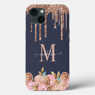 Roze Goud Glitter Glam Druppels Monogram iPhone 13 Hoesje