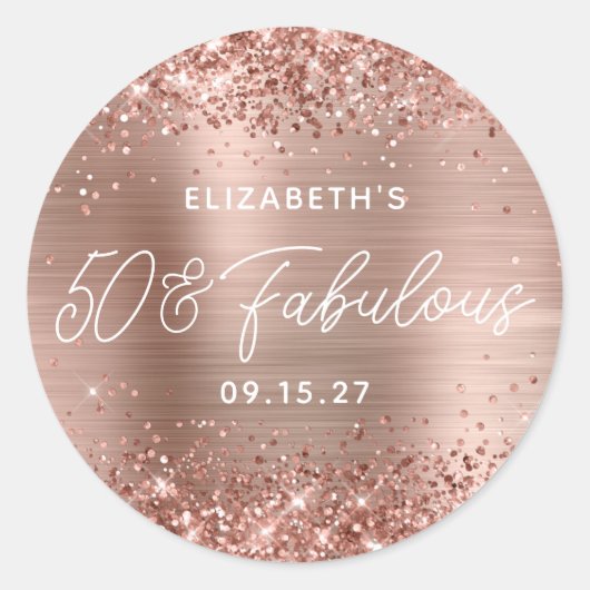 Roze Goud Glitter Glam Moderne Script 50 & Fabulou Ronde Sticker (Voorkant)