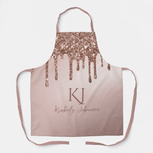 Roze Goud Glitter Glam & Monogram Initiaal Schort (Voorkant)