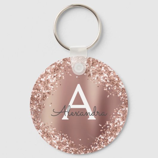 Roze Goud Glitter Glans Monogram Sleutelhanger (Voorkant)