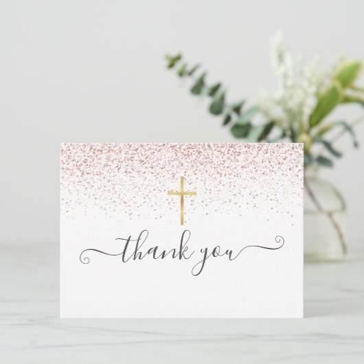 Roze Goud Glitter Gouden Kruisbeeld Script Bedankkaart (Staand voorkant)