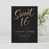 Roze Goud Glitter Kwast Script Zoete 16 Zwarte Kaart (Staand voorkant)