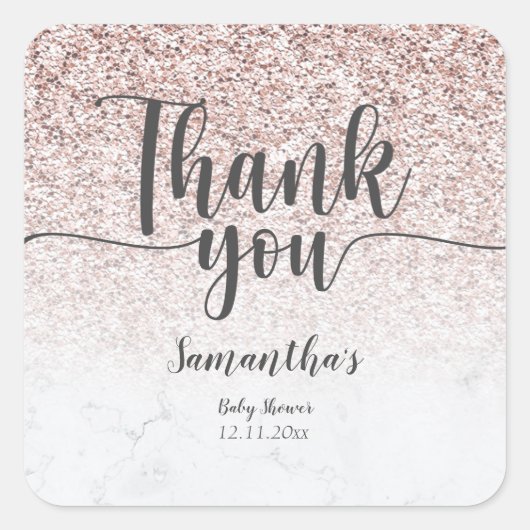 Roze Goud Glitter & Marmer Dank je Vierkante Sticker (Voorkant)