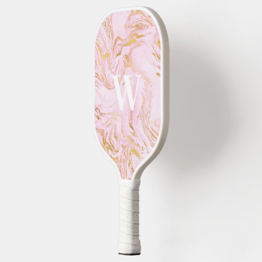 Roze Goud Glitter Marmeren Monogram Pickleball Paddle (Links)