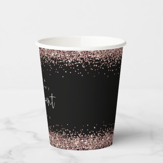 Roze Goud Glitter Namen Verlovingsfeest Zwart Papieren Bekers (Links)
