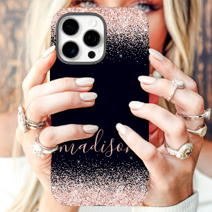 Roze Goud Glitter Navy Aangepaste Naam iPhone 16 Pro Max Hoesje