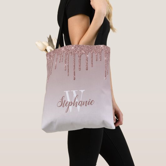 Roze Goud Glitter Nep Monogram Tote Bag (Dichtbij)