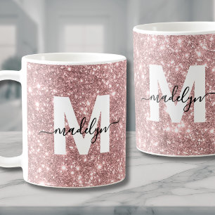 Roze Goud Glitter Roze Monogram Koffiemok