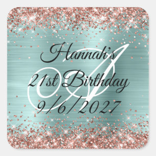 Roze Goud Glitter Turquoise Folie Monogram 21e Ver Vierkante Sticker