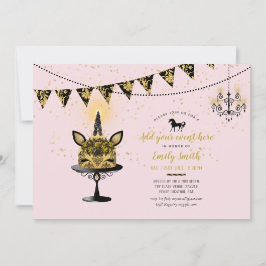 Roze goud Glitter Unicorn Sweet16 Quinceanera 12th Kaart (Voorkant)