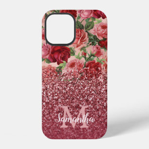 Roze Goud Glitter Vintage Rode Roze Bloemig iPhone 12 Hoesje