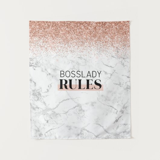 Roze Goud Glitter Witte Marmer BossLady Rules Logo Wandkleed (Voorkant)