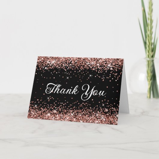 Roze Goud Glitter Zwart Bedankkaart (Voorkant)