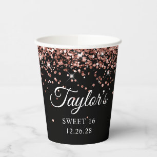 Roze Goud Glitter Zwart Sweet 16 Papieren Bekers