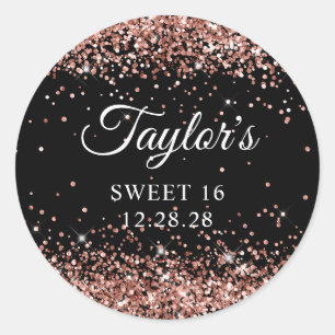 Roze Goud Glitter Zwart Sweet 16 Ronde Sticker