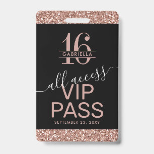 Roze Goud Glitter Zwart Sweet 16 Uitnodiging VIP Badge