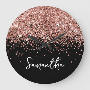 Roze Goud Glitter Zwarte Script Naam Grote Klok
