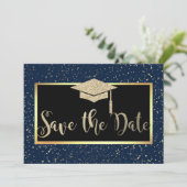 Roze goud glitters donkerblauw afstudeer uitnodigi save the date (Staand voorkant)
