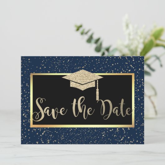 Roze goud glitters donkerblauw verloop Save The Da Save The Date (Staand voorkant)