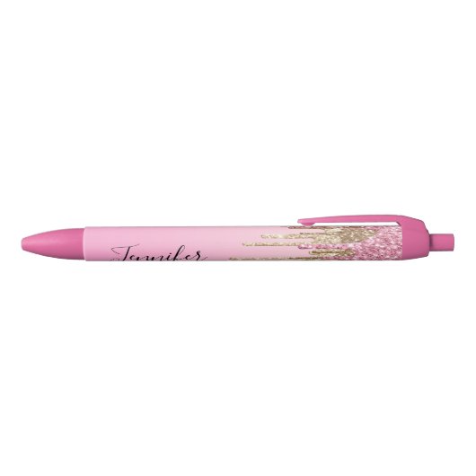 Roze Goud Glitters Gepersonaliseerde Naam Trendy Zwarte Inkt Pen (Bovenkant)