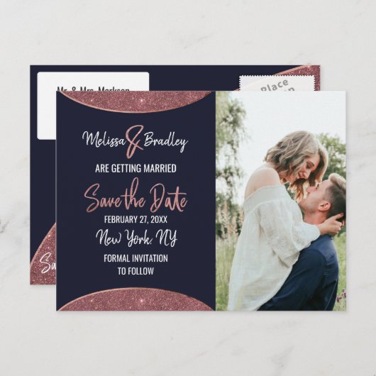 Roze Goud Glitters Navy Blauwe Circulaire Save the Aankondigingskaart (Voorkant / Achterkant)