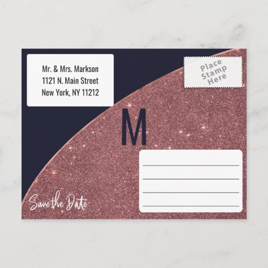 Roze Goud Glitters Navy Blauwe Circulaire Save the Aankondigingskaart (Achterkant)